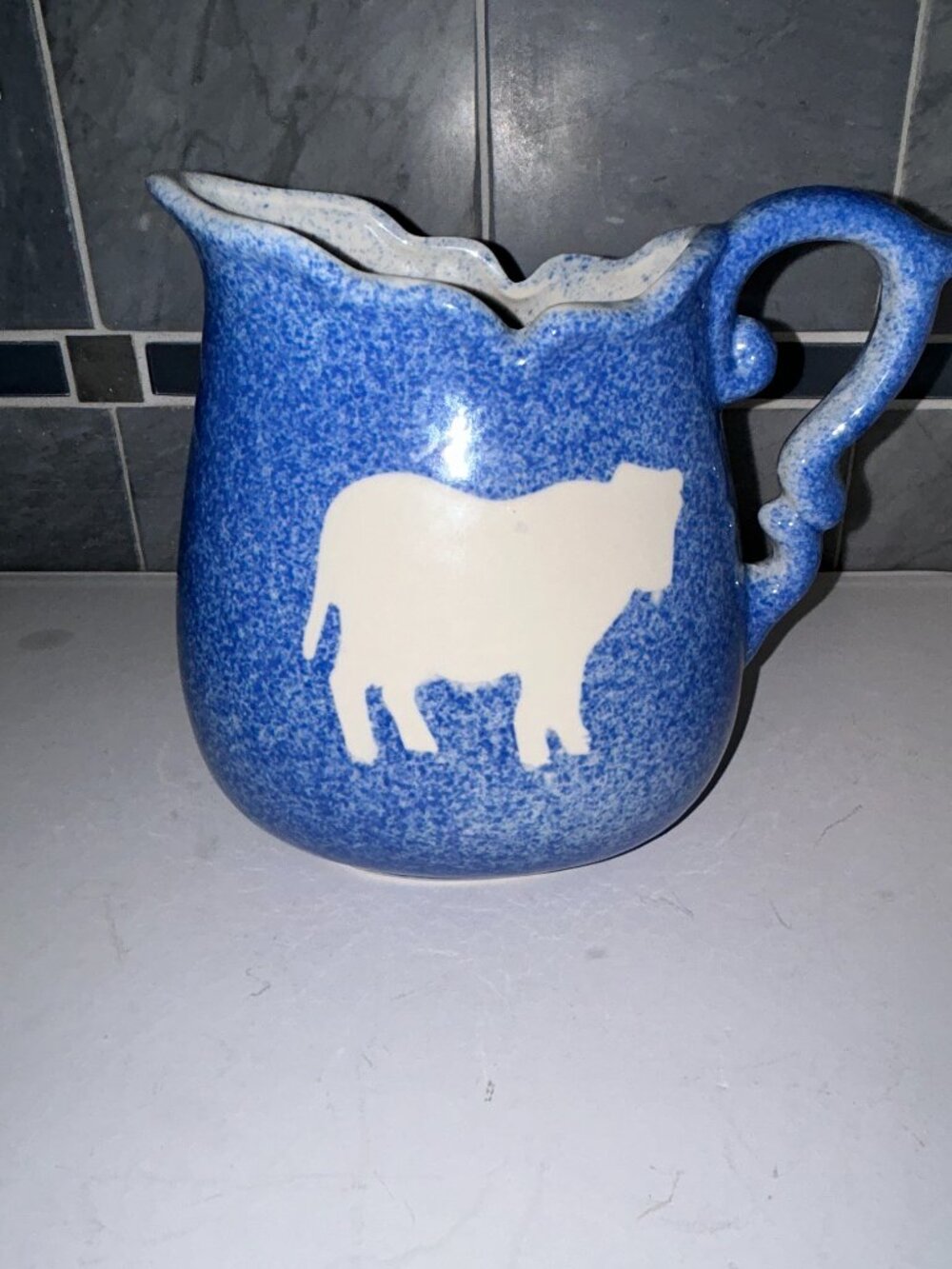 Calico China Blue Spongeware Cow Pitcher, Vintage